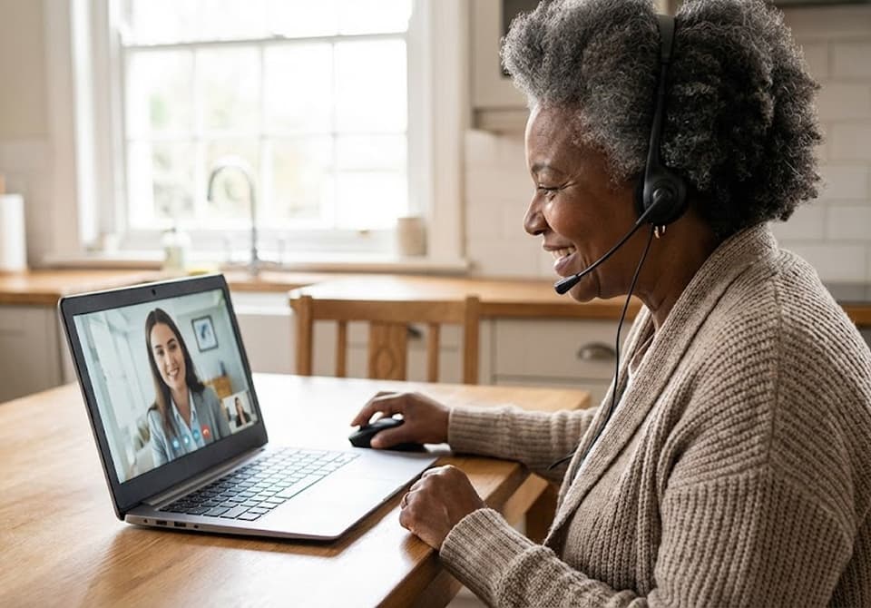 An older adult wearing a headset participates in a video call from home.