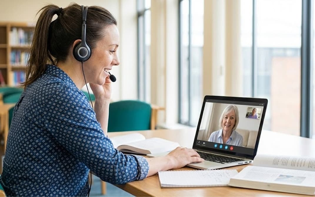 A woman wearing a headset joins a video call with books and notes beside her laptop.