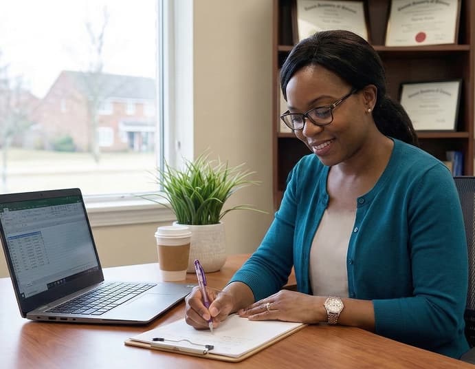 A clinical educator reviews notes beside her laptop.