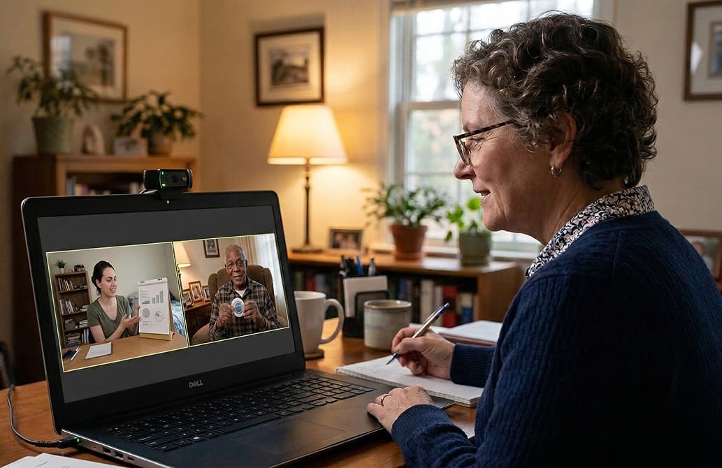 A clinical educator observes a student and patient on a video call from her home office.